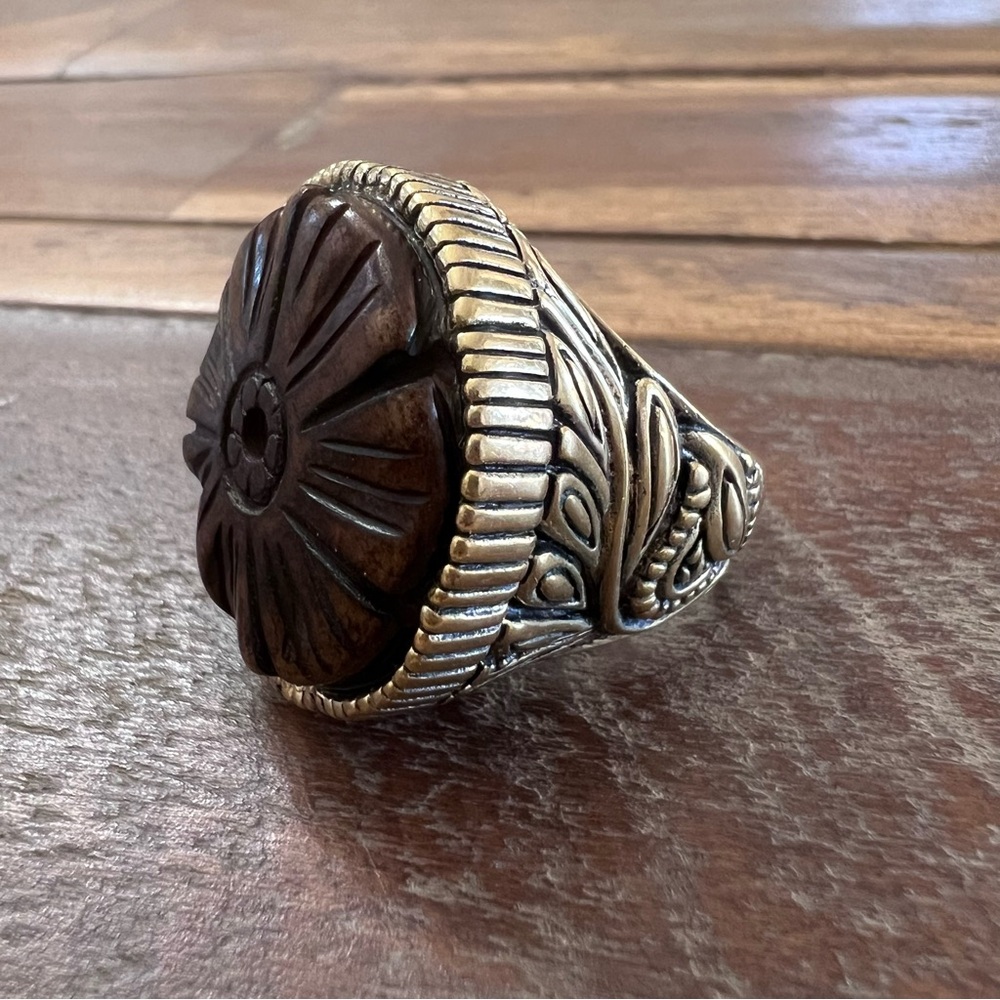Studio Barse Carved Flower Ring in Antique Gold and Brown